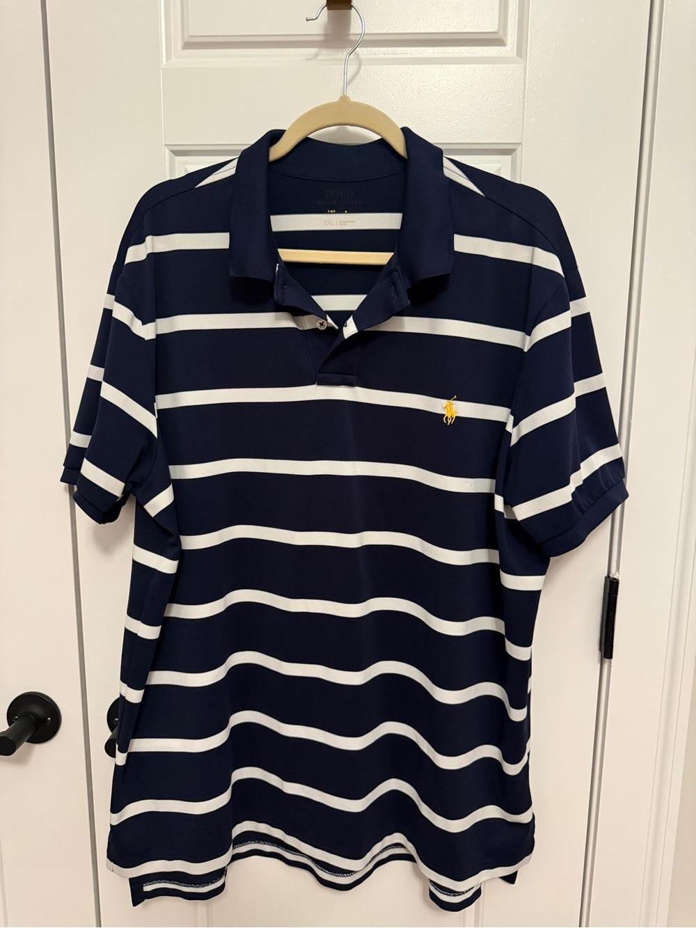 Polo by Ralph Lauren Navy and White Striped Polo with Yellow Pony